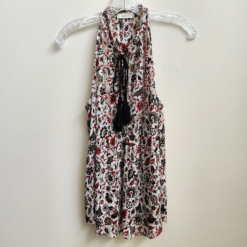 ALC Tank Women's 2 Silk White Red Floral Tassel V-Neck Sleeveless Boho Classic